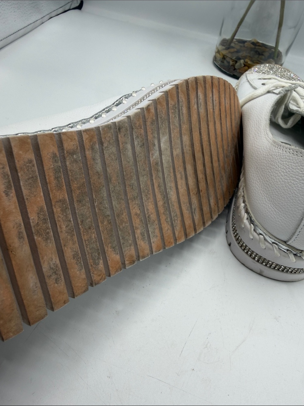 Women's White Crystal-Toe Leather Sneakers - Picture 8 of 12